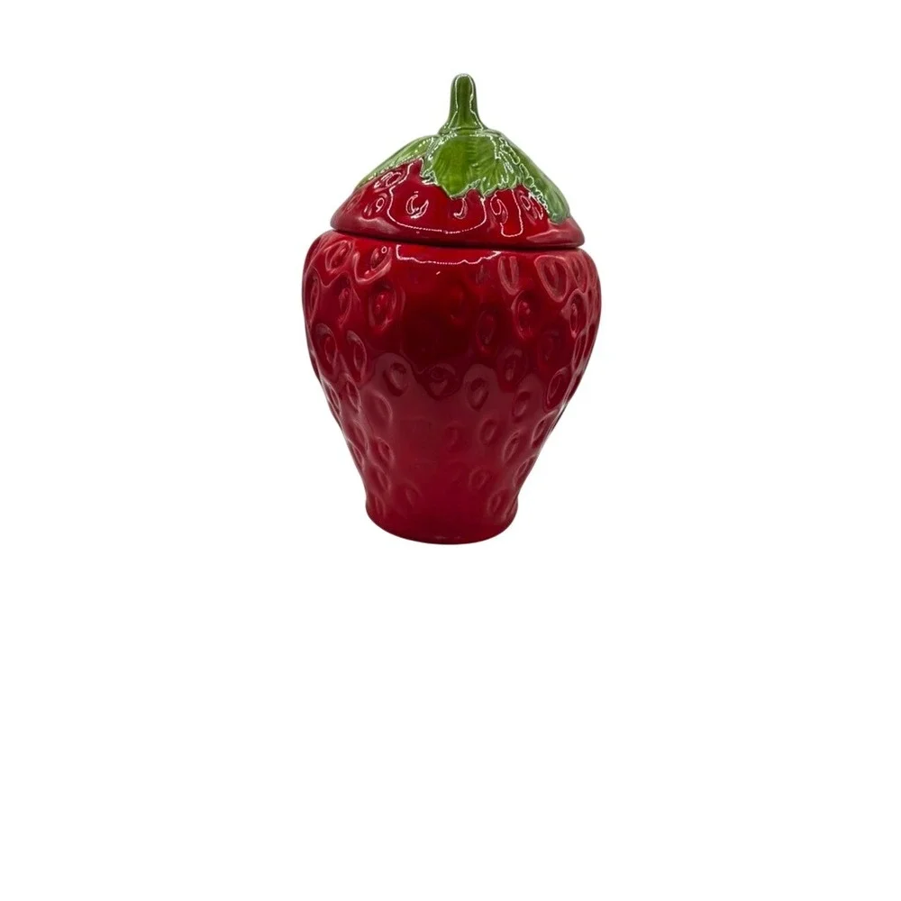 Vintage Style Red Strawberry Ceramic Cookie Jar Kitchen Canister with Lid